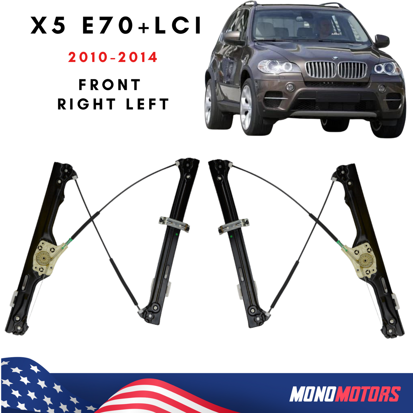 Pair Front Door Window Regulators for BMW X5 E70+lci 2010-2014 Without Motors