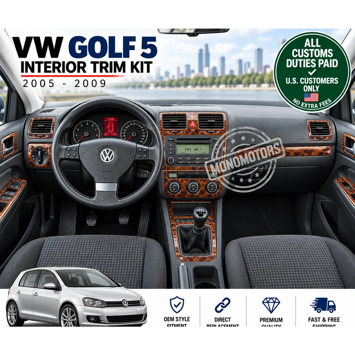 Interior Dash Trim Kit for VW Golf 5 MK5 2004-2009 Mahogany Wood Grain 18 Pcs