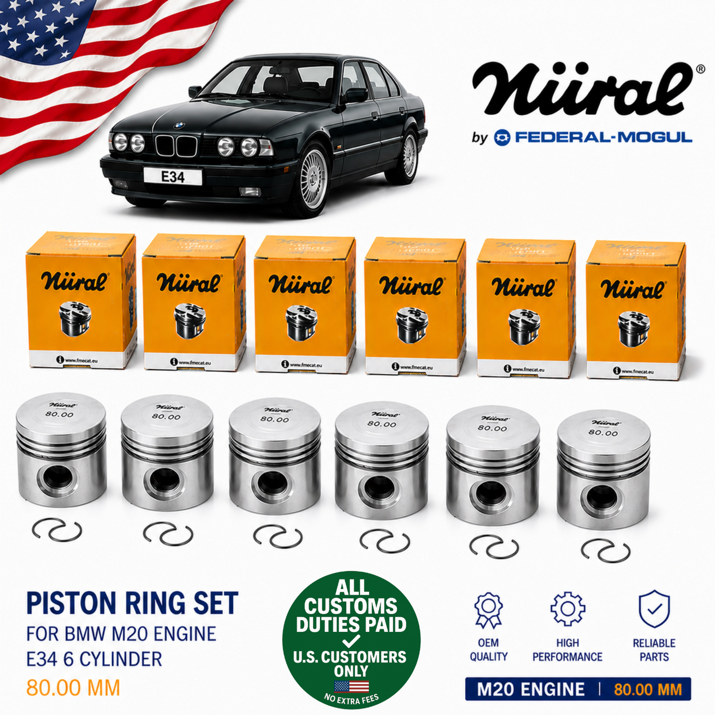 Piston Ring Set for BMW E34 M20 80.00mm Std 8770212 6pcs Federal Mogul