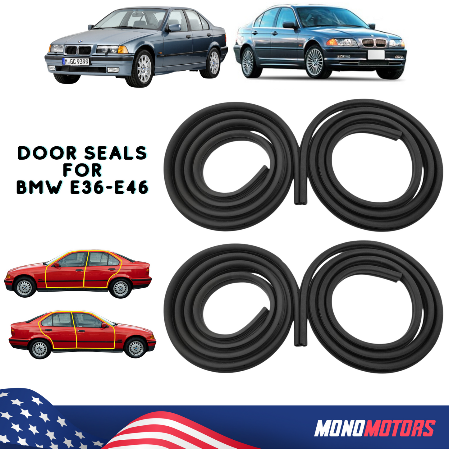 Door Seals for BMW E36 / E46 3 Series Sedan 4 Door Weatherstrip Seal 51728196290
