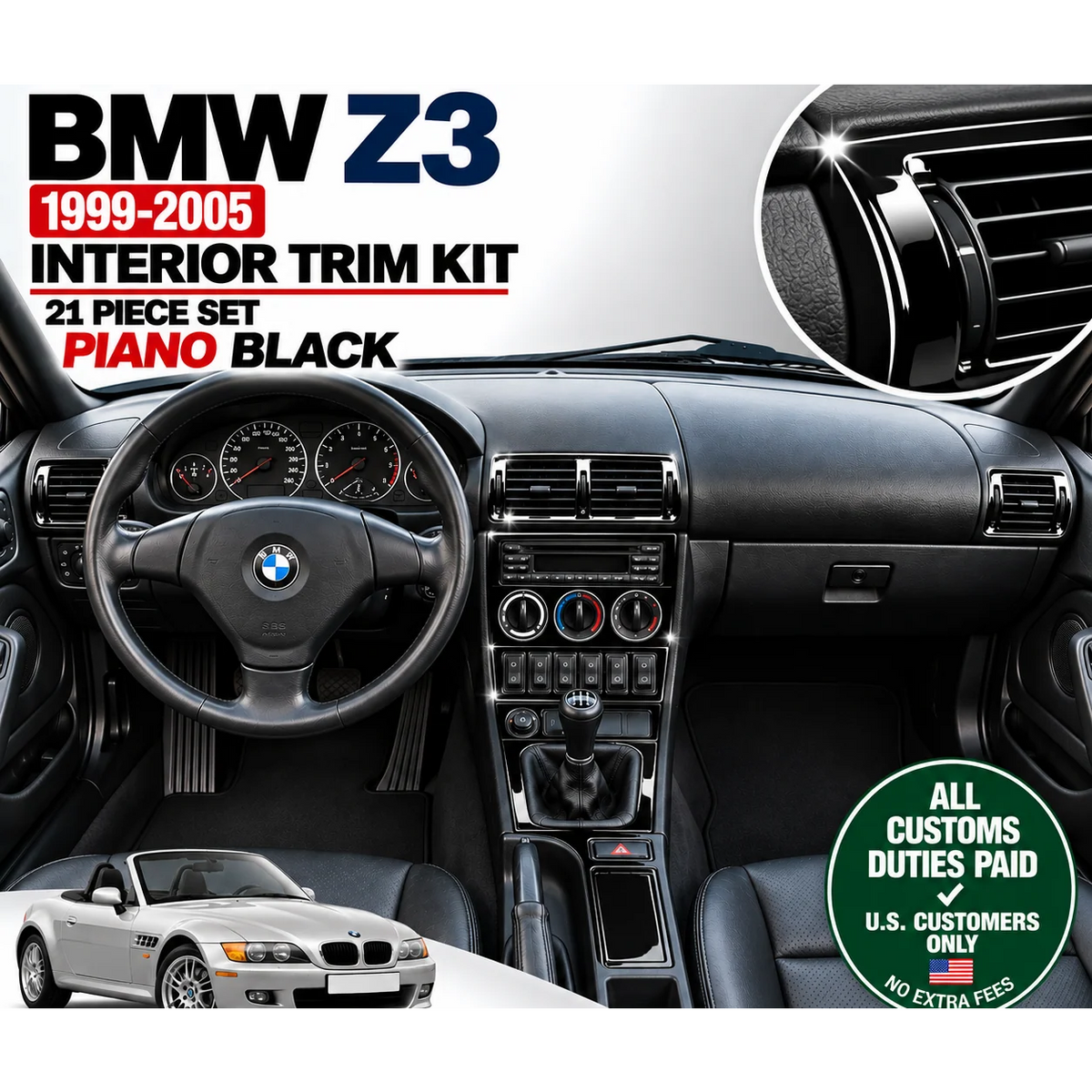 Interior Dash Trim Kit for BMW Z3 1999-2005 Piano Black 21 Pcs