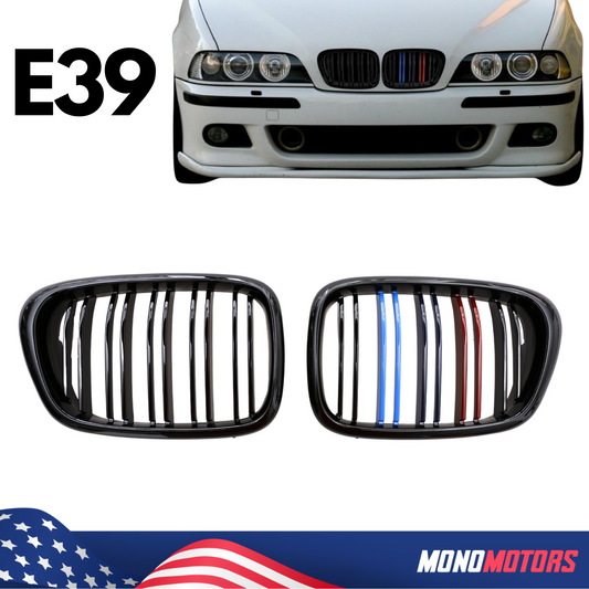 BMW E39 Gloss Black Double Slat M Color 1996-2003 Kidney Grille Grill Pair