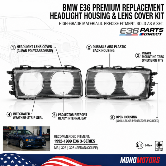 Headlight Lens Cover Housing Set for BMW E36 1992-1999 Sedan Coupe