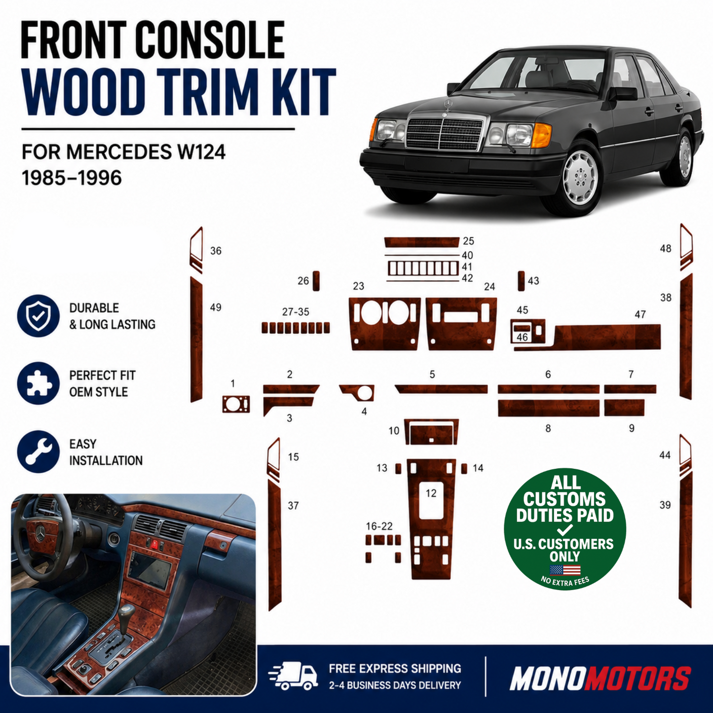 Wood Look Dash Trim Kit for Mercedes W124 Walnut Self Adhesive 1985-1996