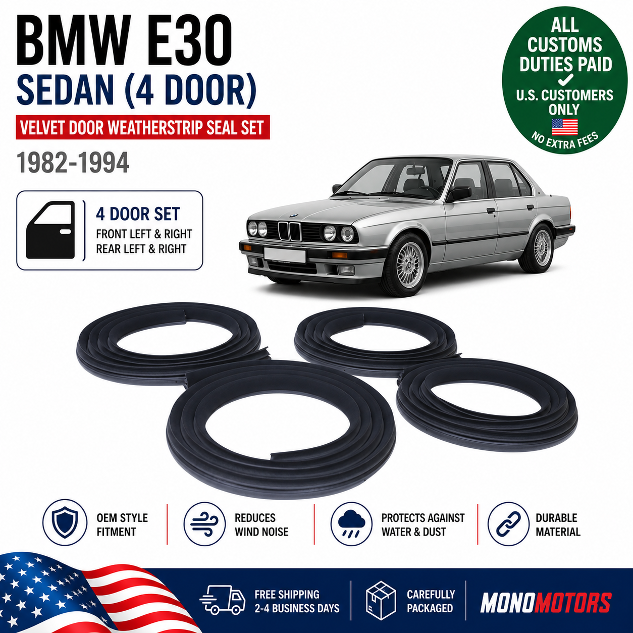 Velvet Door Weatherstrip Seal Set for BMW E30 Sedan 1982-1994 4pcs