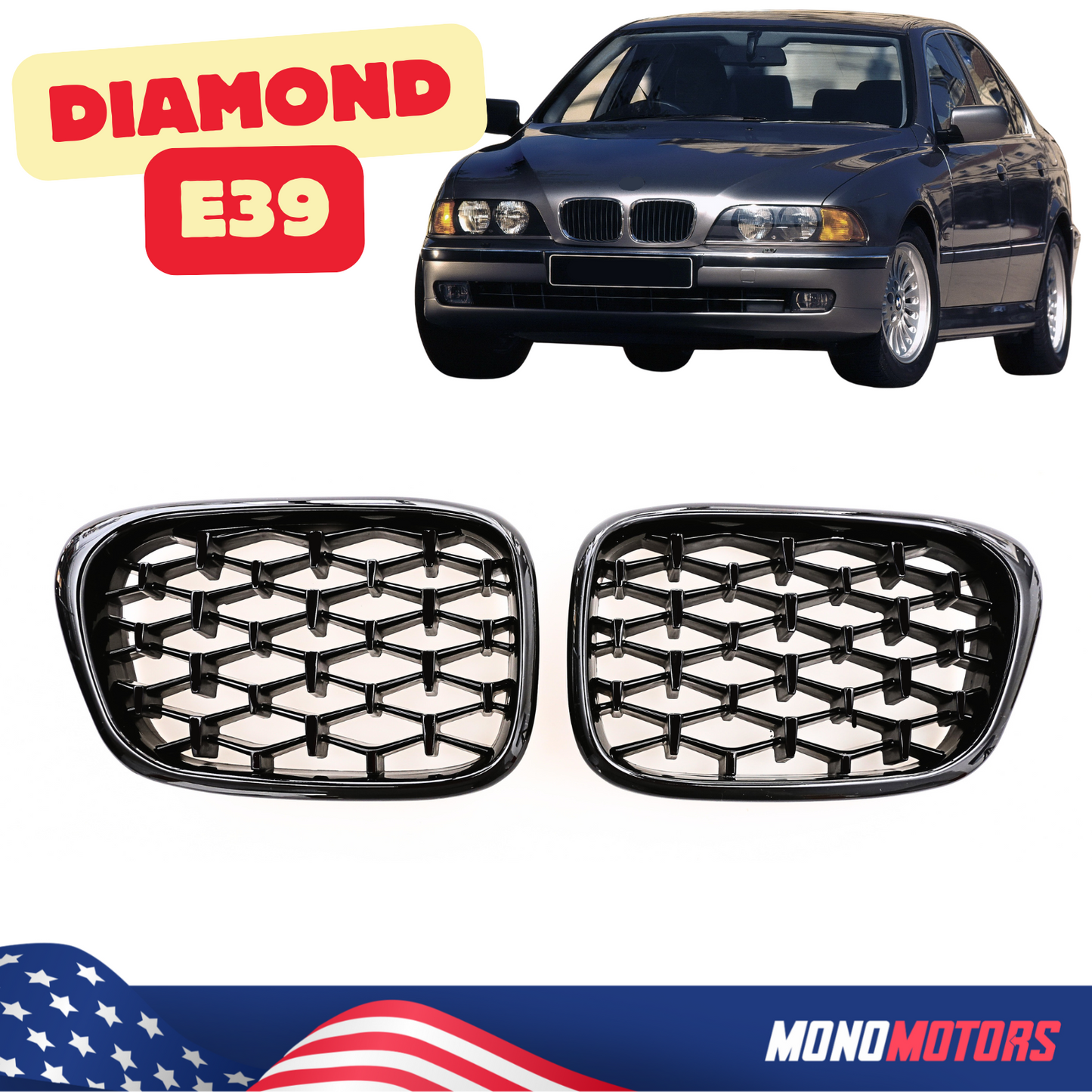 BMW 3 E39 Gloss Black Diamond Mesh Grille 1996-2003 Kidney Grille Pair