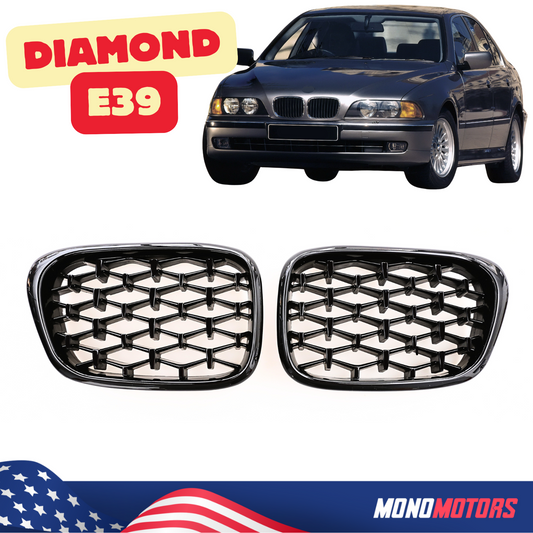 BMW 3 E39 Gloss Black Diamond Mesh Grille 1996-2003 Kidney Grille Pair