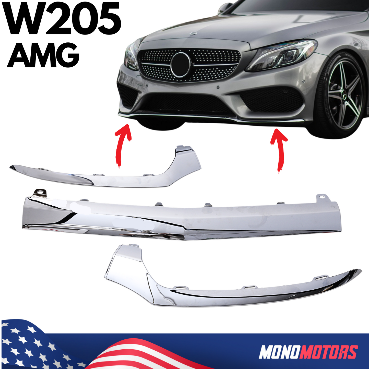Mercedes Benz A205 C205 W205 Front Bumper Chrome Lower Lip Trim Molding