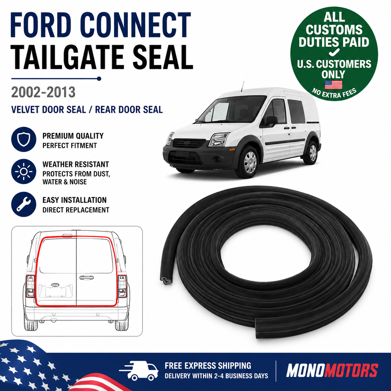 Velvet Tailgate Seal for Ford Transit Connect Rear Door Rubber 2002-2013