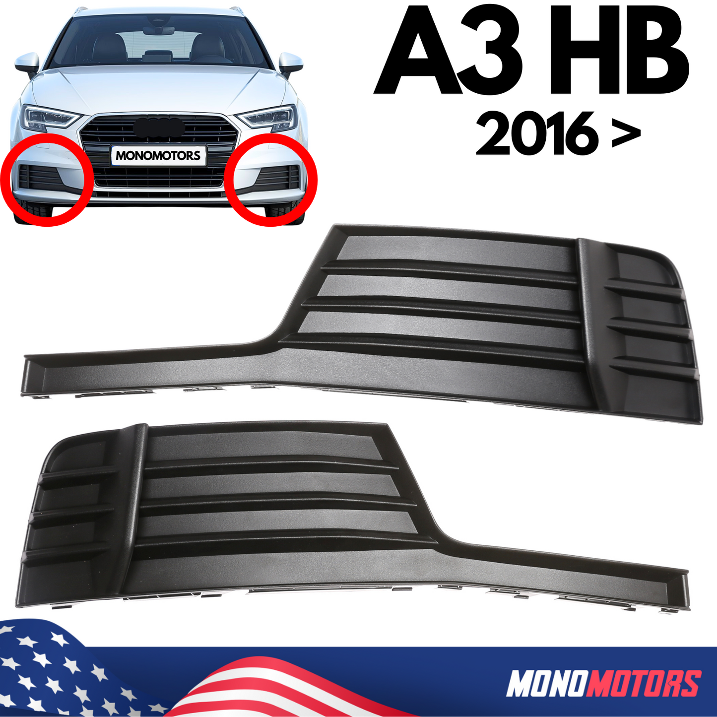Front Bumper Fog Light Grille Bezel Cover Lower for Audi A3 Hb 2017-2020 Pair