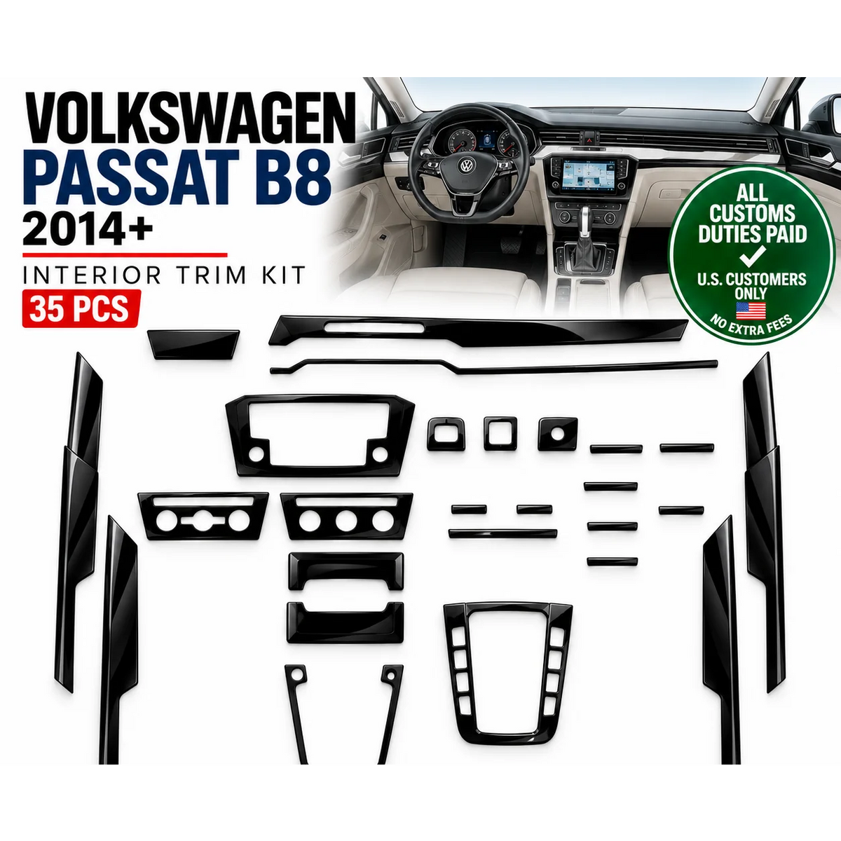 Interior Trim Kit for Volkswagen Passat B8 Dashboard Piano Black 35 Pcs 2014+