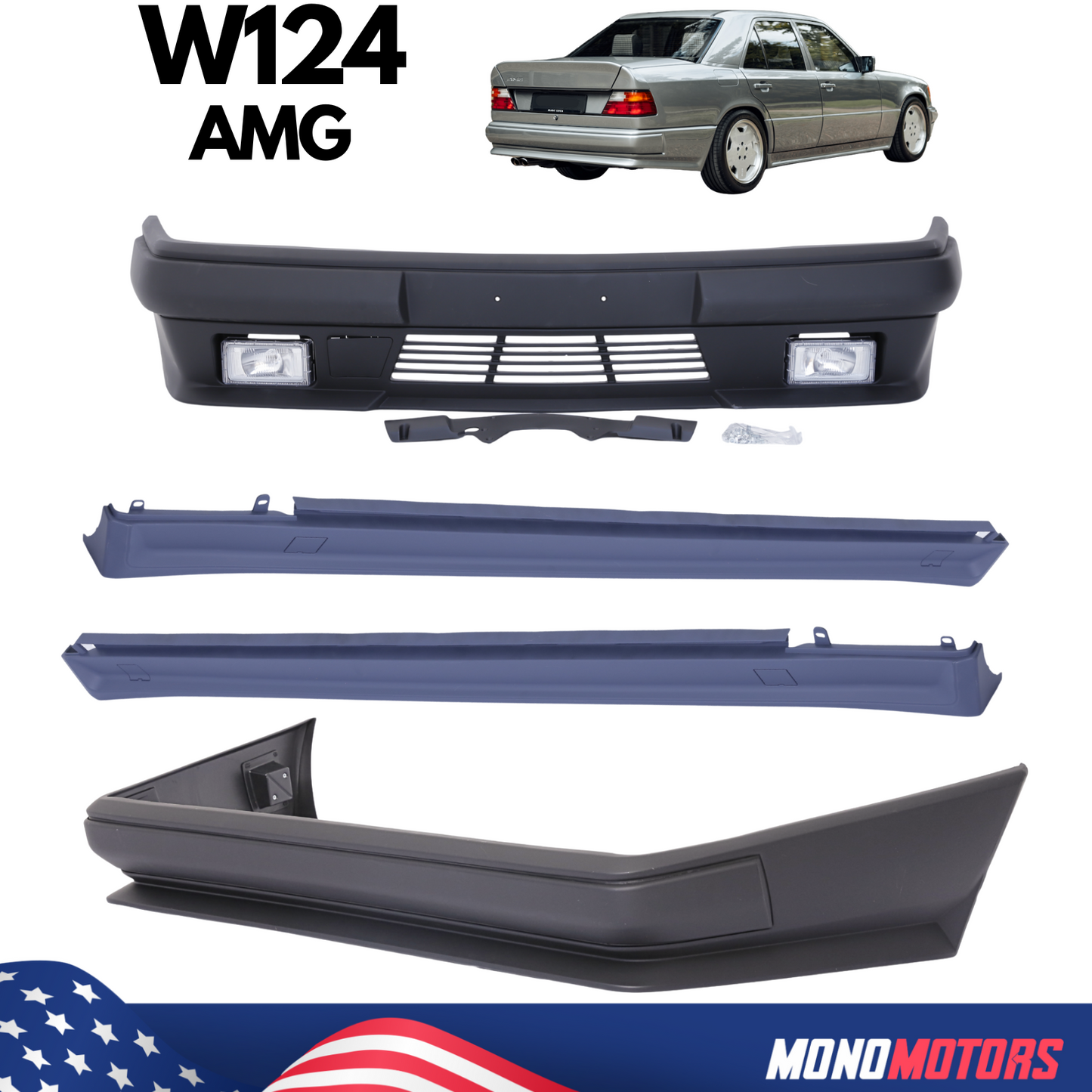 Body Kit for W124 AMG Bumper with Fog Lights Side Skirts Trims Plate Holder