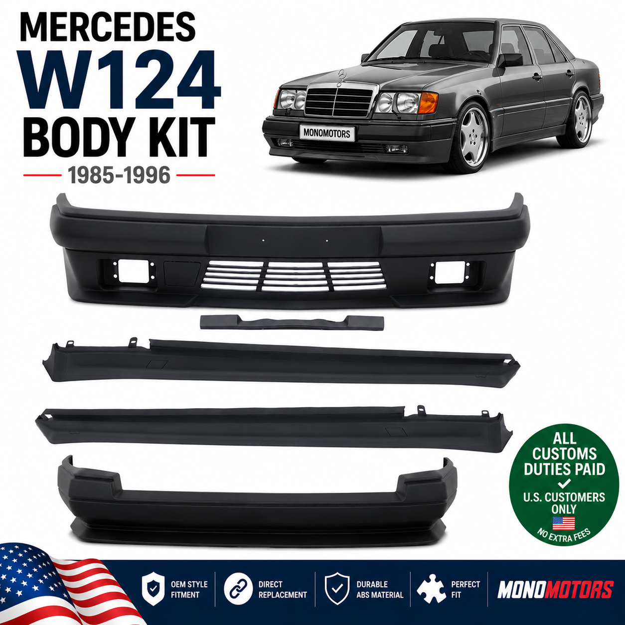 Body Kit for W124 Style Front Rear Bumper Side Skirts Trims Plate Holder