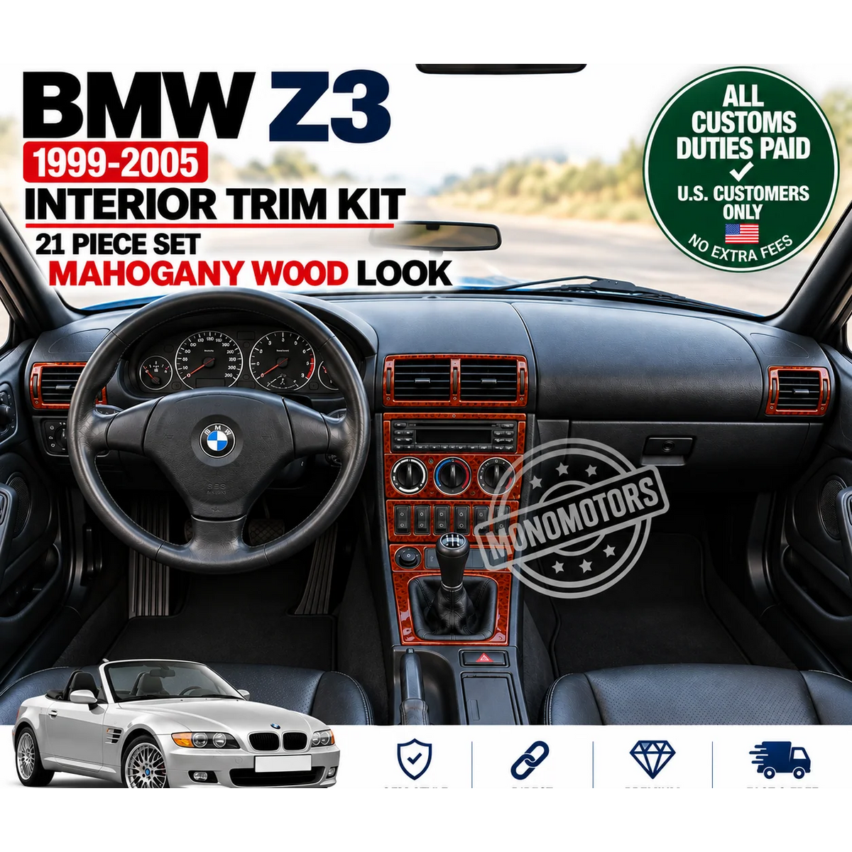 Interior Dash Trim Kit for BMW Z3 1999-2005 Mahogany Wood Look 21 Pcs